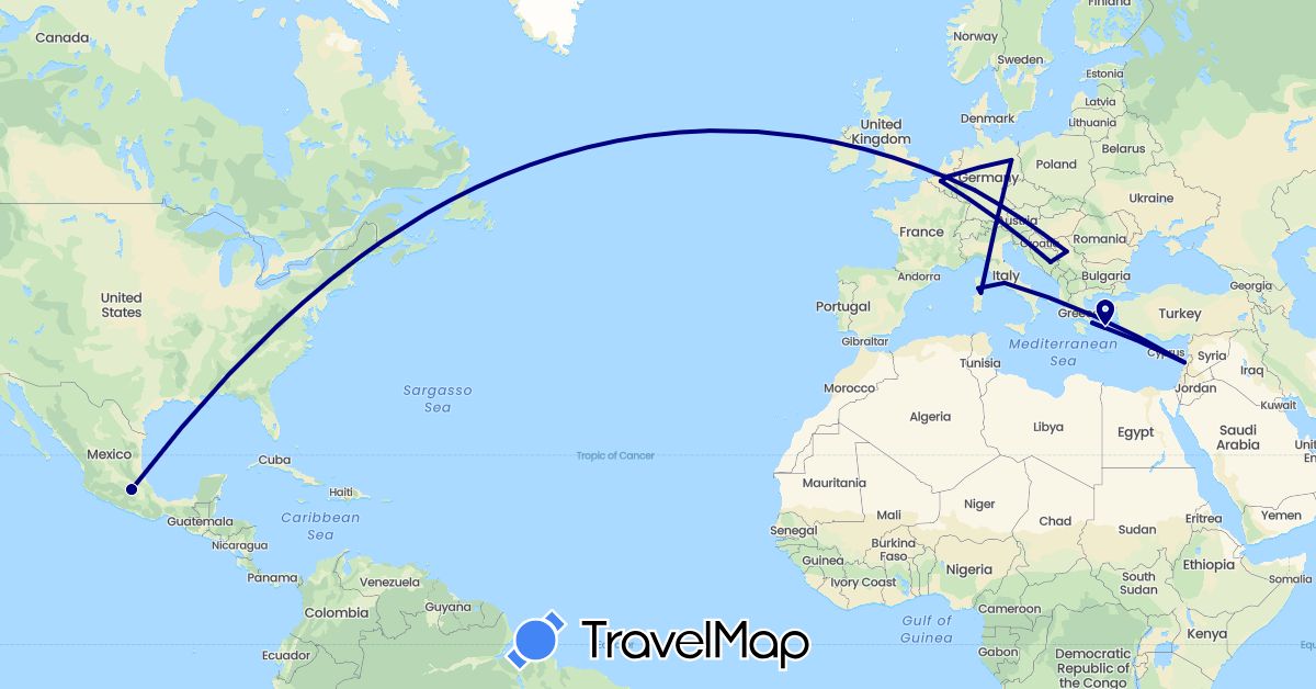 TravelMap itinerary: driving in Bosnia and Herzegovina, Belgium, Germany, France, Greece, Italy, Lebanon, Mexico, Serbia (Asia, Europe, North America)